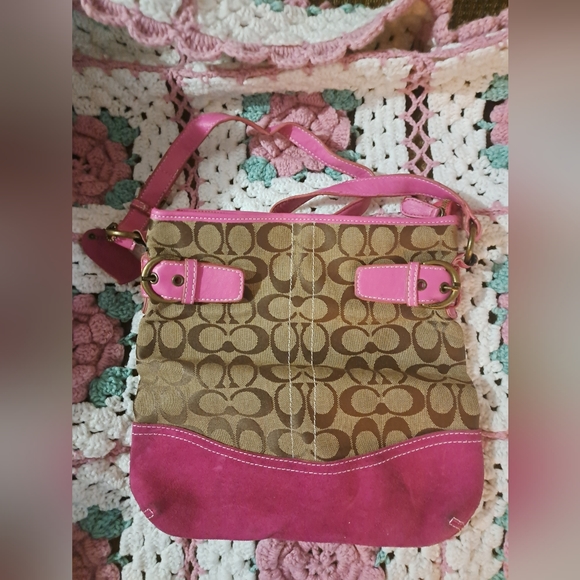 Coach Bags Coach Hot Pink Signature Logo Canvas Satchel Purse Bag